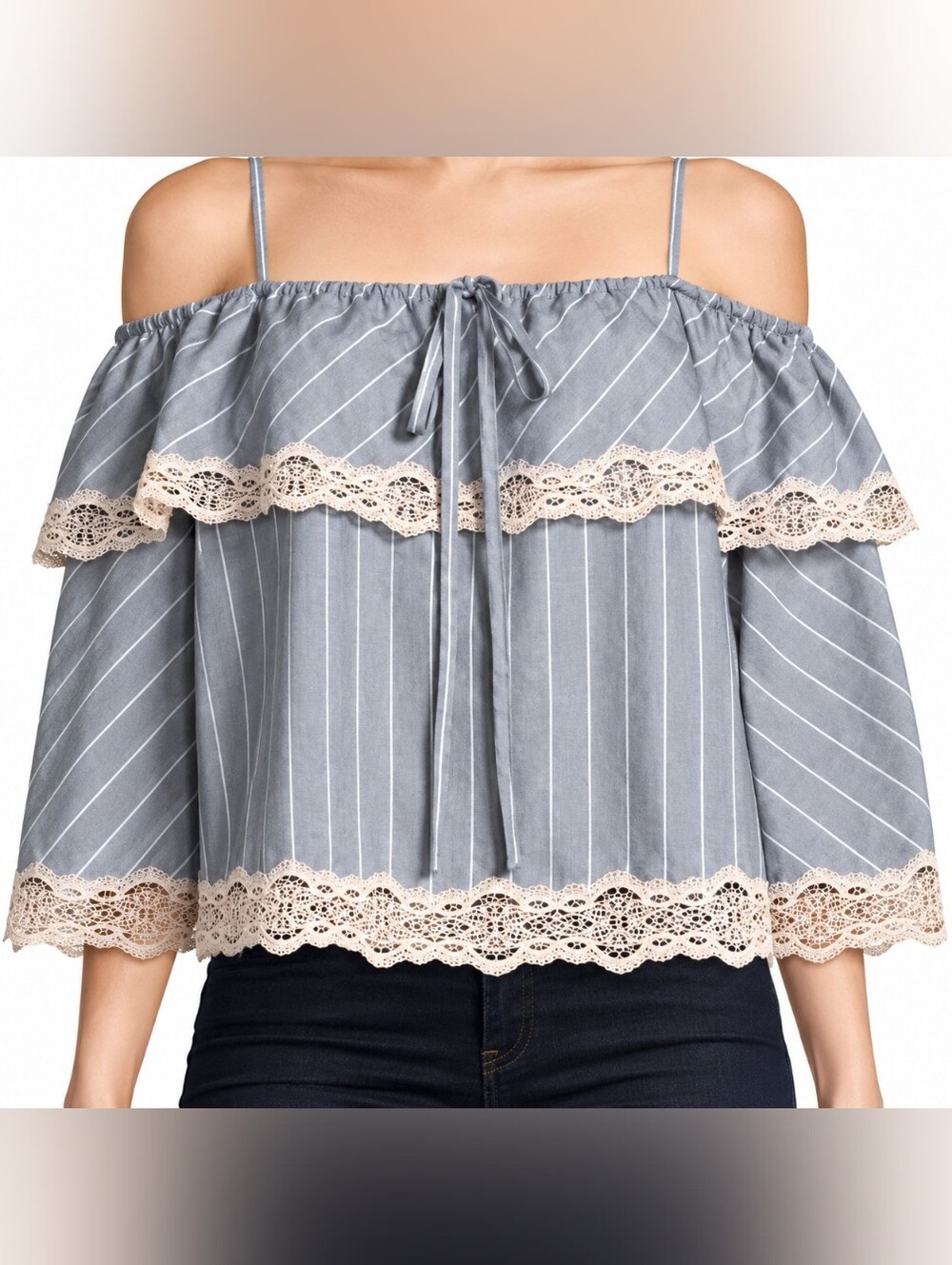 Jonathan Simkhai grey striped off shoulders Large Lace Trim
